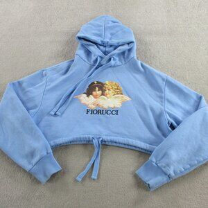 Fiorucci Hoodie Womens XS Blue Cropped Sweatshirt Angels Heaven Print Pullover
